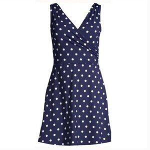 Lands' End V-Neck Wrap Swim Dress One Piece Swimsuit Polka Dot UPF 22W